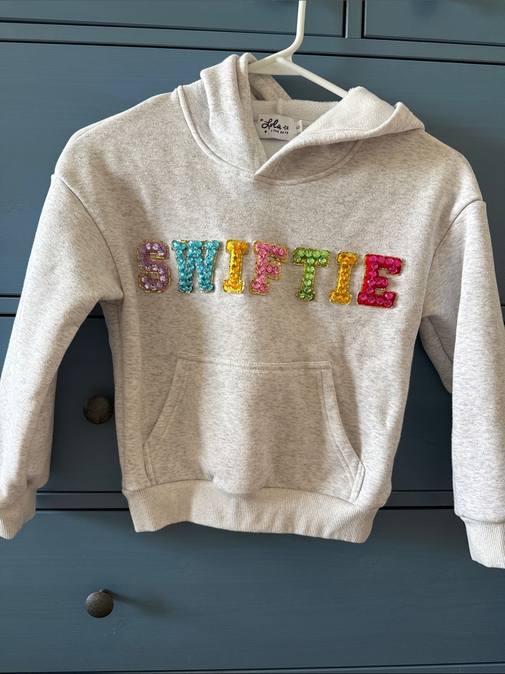 Lola + The Boys Light Gray Hoodie with Multicolor Sequin 'SWIFTIE' Letters